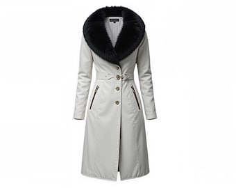 May include: A light grey, long coat with a black faux fur collar. The coat features a belted waist, button closure, and two zippered pockets. The coat is a classic design.