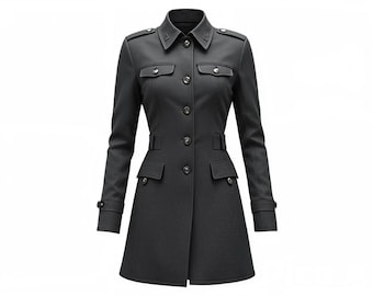 Women’s Military Style Wool Coat – Elegant Long Trench Jacket with Belt, Double Breasted Buttons, Winter Fashion Outerwear