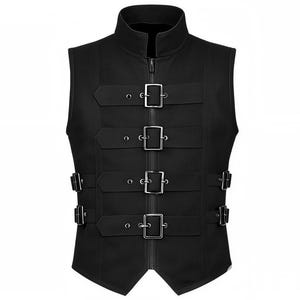 May include: Black sleeveless vest with a high collar and a zipper closure. The vest features multiple horizontal straps with silver-colored buckles. A stylish and edgy garment.