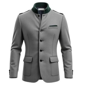 Men’s Bavarian Jacket | Grey Trachten Blazer with Green Collar | Oktoberfest German Jacket | Traditional Formal Wool Blend Coat