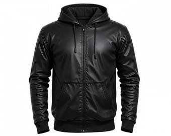 Jaqueta masculina com capuz em couro legítimo preto - Corte justo e fechamento em zíper