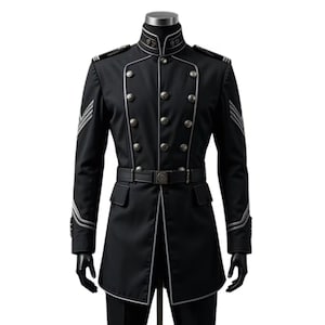 May include: A black military-style jacket featuring a high collar, silver-toned buttons, and silver piping along the seams. The jacket includes shoulder epaulets, chevron-style sleeve detailing, and a matching black belt with a central buckle.