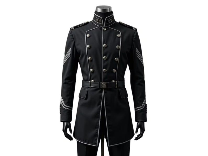 May include: A black military-style jacket featuring a high collar, silver-toned buttons, and silver piping along the seams. The jacket includes shoulder epaulets, chevron-style sleeve detailing, and a matching black belt with a central buckle.