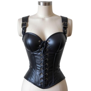 Women Black Faux Leather Corset Top – Gothic Steampunk Bustier with Buckle Straps & Lace-Up Back – Edgy Festival or Clubwear