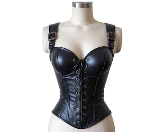 Faux Leather Corset Top - Gothic Buckle Bustier, Lace-Up