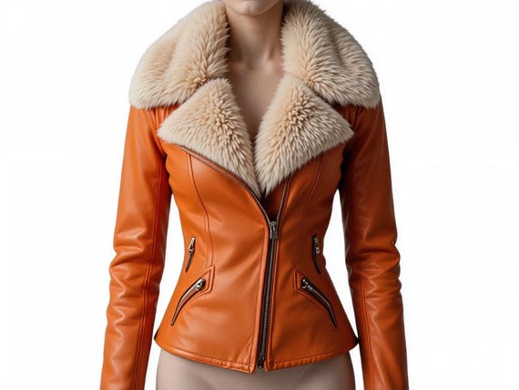 Genuine Leather Bomber Jacket with Fur Collar - Orange Women’s Fashion Jacket