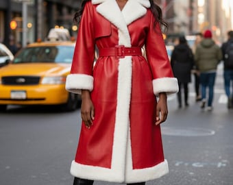 Abrigo rojo de piel sintética – Chaqueta de invierno para mujer con cinturón y ribete de piel sintética