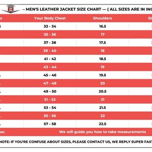 May include: A size chart for men's leather jackets, with measurements in inches. The chart includes sizes from XXS to 8XL, listing chest, shoulder, and sleeve dimensions. Text at the bottom encourages customers to contact for size assistance.