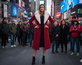 Abrigo elegante con ribete de piel roja para mujer / Prendas de abrigo de invierno con estilo