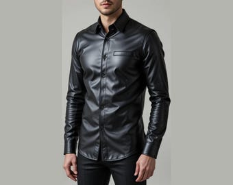 Handmade Slim Fit Genuine Leather Shirt – Black Long Sleeve Button-Up