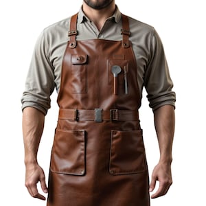 Handcrafted Full-Grain Leather Apron for Men – Adjustable Crossback Work Apron with Tool Pockets | Barber, Woodworker, Craftsman Gift