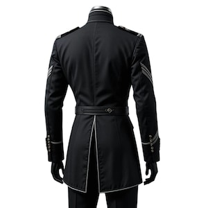 May include: Black military-style jacket with silver accents. Features include a high collar, epaulettes, and a belt. The jacket has silver stripes on the sleeves and silver trim along the edges. The jacket is worn by a mannequin.