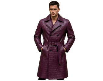 Trench-coat bordeaux en cuir embossé croco pour homme | Pardessus croisé