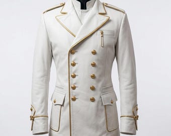 Luxury White Military Leather Jacket for Men Double Breasted Officer Coat Gold Trim Parade Blazer, Royal Vintage Style Jacket Gothic Fashion