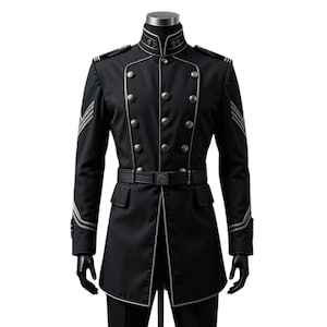 Puede incluir: Chaqueta negra de estilo militar con ribetes y botones plateados. La chaqueta presenta un cuello alto, charreteras y un cinturón. Las mangas tienen rayas plateadas. La chaqueta está en un maniquí.