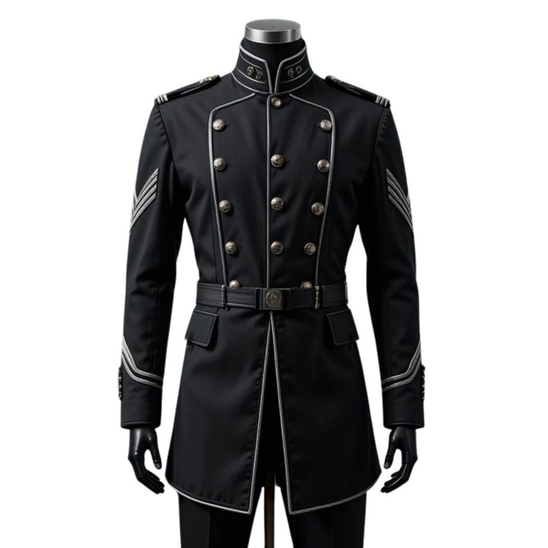 May include: Black military-style jacket with silver trim and buttons. The jacket features a high collar, epaulets, and a belt. The sleeves have silver stripes, and the jacket is displayed on a mannequin.