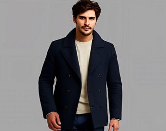 May include: A navy blue double-breasted pea coat with a wide collar and dark buttons. The coat is worn over a cream-coloured shirt. The image is of a person wearing the coat.
