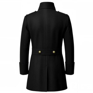May include: A black wool coat with a high collar and a belted waist. The coat features gold-colored buttons and epaulettes on the shoulders. The coat's design is a classic, tailored style.