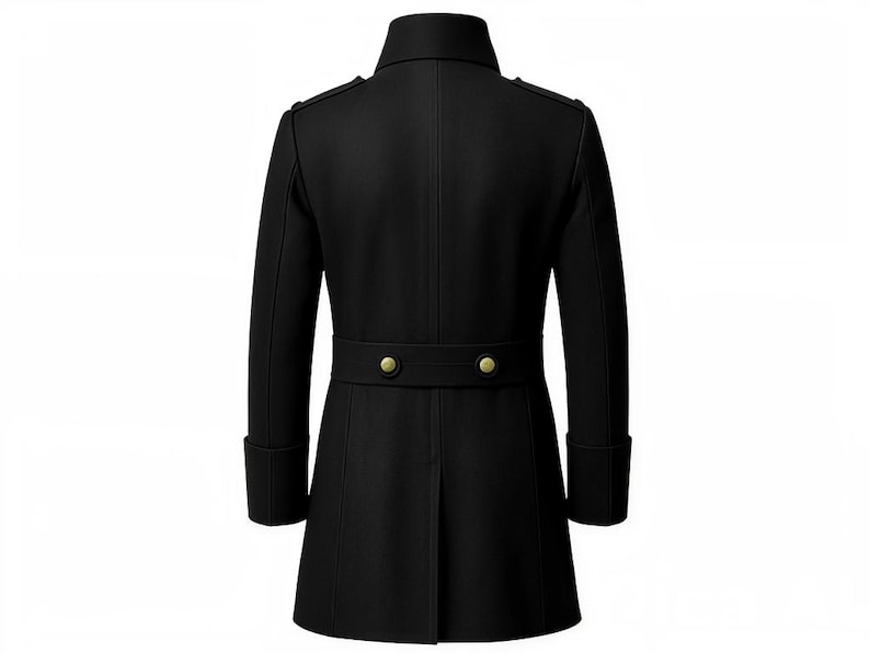 May include: A black wool coat with a high collar and a belted waist. The coat features gold-colored buttons and epaulettes on the shoulders. The coat's design is a classic, tailored style.