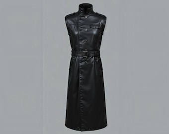 Men's Genuine Leather Military-Style Trench Coat with Belt and Shoulder Epaulets