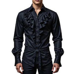 May include: Black long-sleeve shirt with a ruffled front and a tie-waist design. The shirt has a classic collar and button-down closure. The sleeves have a gathered cuff detail.