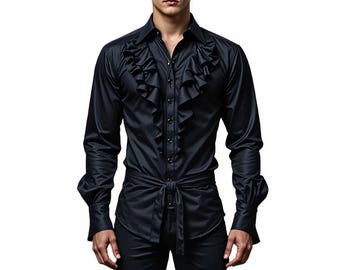 Elegant Black Ruffled Satin Shirt for Men – Classic Formal and Party Wear with Stylish Detailing