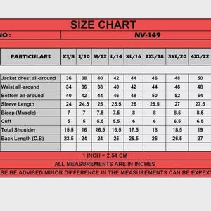 May include: Size chart for a garment, with measurements in inches. Includes jacket chest, waist, bottom, sleeve length, bicep, cuff, total shoulder, and back length measurements for various sizes, from XS/8 to 5XL/24.
