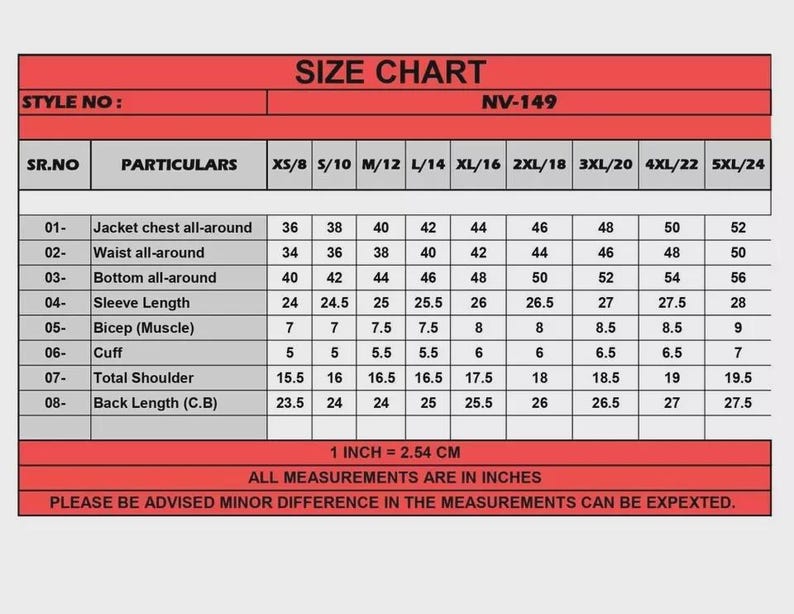 May include: Size chart for a garment, with measurements in inches. Includes jacket chest, waist, bottom, sleeve length, bicep, cuff, total shoulder, and back length measurements for various sizes, from XS/8 to 5XL/24.
