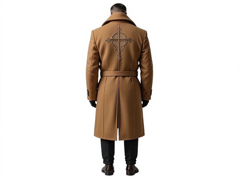 Men's Camel Wool Overcoat | Embroidered Back, Double Breasted Trench - Etsy
