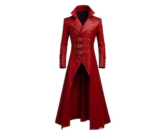Red Leather Gothic Trench Coat: Steampunk Military Style, Cosplay Costume
