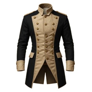 Puede incluir: Chaqueta negra y beige de estilo militar con botones y detalles dorados. El abrigo largo tiene un frente cruzado, cuello mandarín y charreteras. La chaqueta es entallada y adecuada para ocasiones formales. La chaqueta mide unos 90 cm de largo.