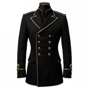 May include: A black double-breasted coat with gold trim and buttons. The coat features a high collar and decorative gold accents on the cuffs. The coat has two front pockets and a tailored fit, suitable for formal occasions.