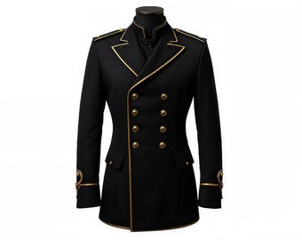 Abrigo militar cruzado negro para hombre, chaqueta victoriana gótica steampunk con ribete dorado, frac largo para cosplay formal.