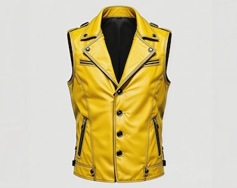 Men’s Yellow Genuine Leather Biker Vest – Handmade Rocker Waistcoat