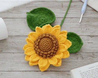 Patrón de girasol a crochet, patrón de flor a crochet en PDF, idea de regalo DIY, decoración floral hecha a mano, tutorial para principiantes.