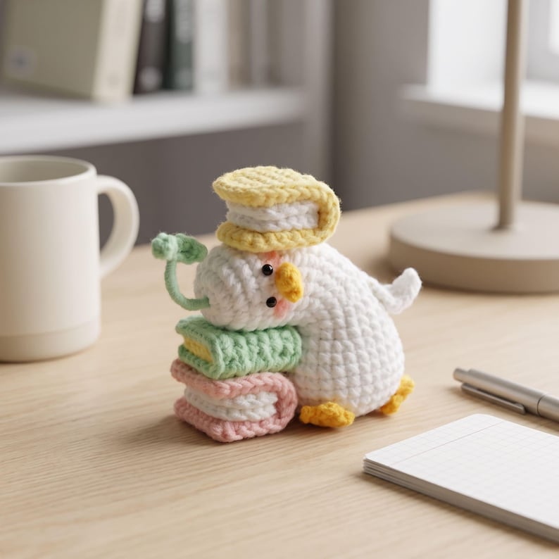May include: A white crocheted duck figurine with a yellow beak and orange feet. The duck has a small green sprout on its head and is resting its body against a stack of three small crocheted books in yellow, light green, and light pink colors.