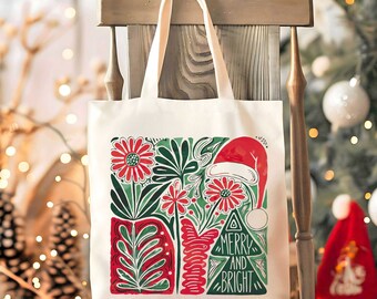 Merry and Bright Christmas Tote Bag, Christmas Tote Bag, Family Christmas Bags, Holiday Gift Bag - Women's Christmas Tote