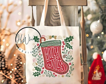Christmas Stocking Tote Bag, Christmas Gift Bag, Christmas Tote Bag - Women's Christmas Tote - Holiday Gift Bag - Holly Jolly Bag