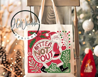 Christmas Santa Tote Bag, Better Not Pout Tote Bag, Canvas Tote Bag, Boho Christmas Floral Christmas Tote Bag