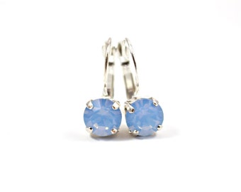 Blue Opal Swarovski Crystal Earrings - 8mm Leverback Earrings