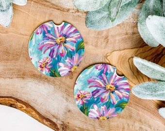 September Birth Flower Car Coaster Meaning Set Of 2 - Birth Flower Car Coaster -  Cute Car Coasters - Sandstone Car Coaster - Asters Coaster