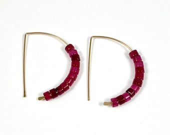 14kt Gold Hoop Earrings - Ruby Hoops - Gold and Ruby Hoop Earrings - Gemstone Earrings - Hammered Hoops - July Birthstone Jewelry