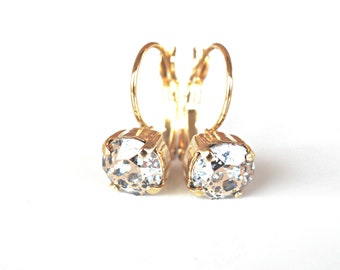 Rose Patina Swarovski Crystal Earrings in Gold - 8mm Leverback Earrings