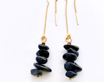 Gold Threader Earrings  - Black Tourmaline Earrings - Gold Dangle Earrings - Tourmaline Jewelry