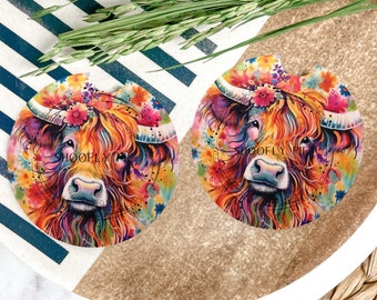 Highland Cow Coaster Set Of 2 - Cow Car Coaster - Tropical Car Accessories - Nautical Car Coasters - Mom Gift - Sandstone Coasters