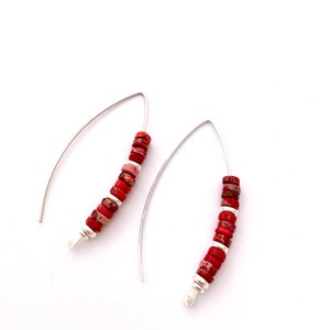 Threader Earrings - Hoop Earrings Silver - Red and Silver Hoop Earrings - Sterling Silver Dangle Earrings