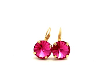 Fuschia Swarovski Crystal Earrings in Gold - Hot Pink - 12mm Earrings - Leverback Earrings - Pick Your Finish