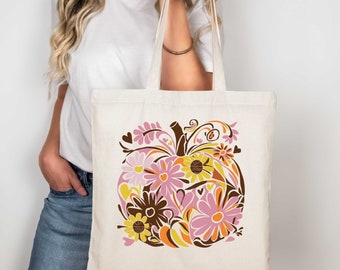Boho Floral Pumpkin Tote Bag, Fall Pumpkin Tote Bag, Canvas Tote Bag,  Cute Pumpkin Tote Bag