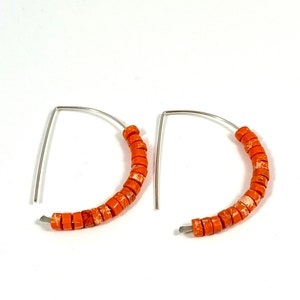 Silver Hoop Earrings -  Orange Jasper Earrings - Half Hoops - Orange Hoop Earrings  - Sterling Silver Earrings For Women