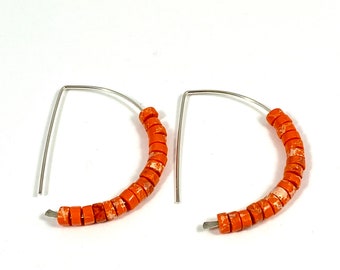 Silver Hoop Earrings -  Orange Jasper Earrings - Half Hoops - Geometric Hoop Earrings  - Sterling Silver Earrings For Women